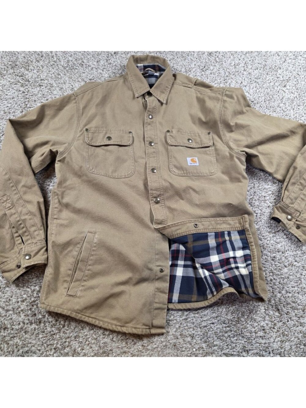 Carhartt Flannel Lined Shirt Jacket Mens Medium Tan Canvas Snap Streetwear